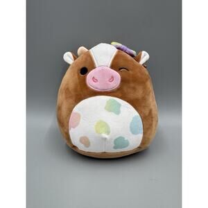 Squishmallow Griella Brown Spotted Cow Pastel Plush Winking Eye & Bow 7”